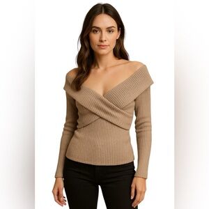 Gaze Taupe Off-Shoulder Waffle Knit Long Sleeve Top Size Small